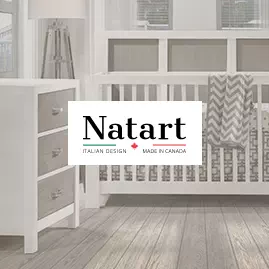 Natart logo with faded background of baby nursery featuring a white crib and 3 drawer dresser with dark brown wooden facades