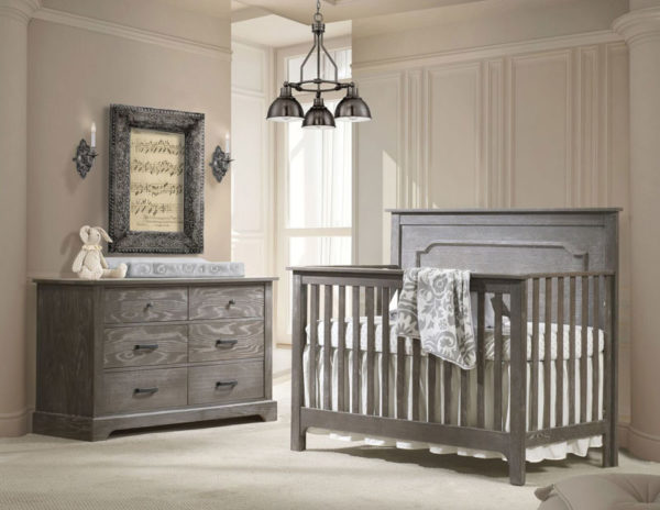 Emerson Collection - Beige Baby Room with Dark wood double dresser and crib in mink