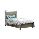Grey sleek twin bed with striped duvet cover and blue sheets