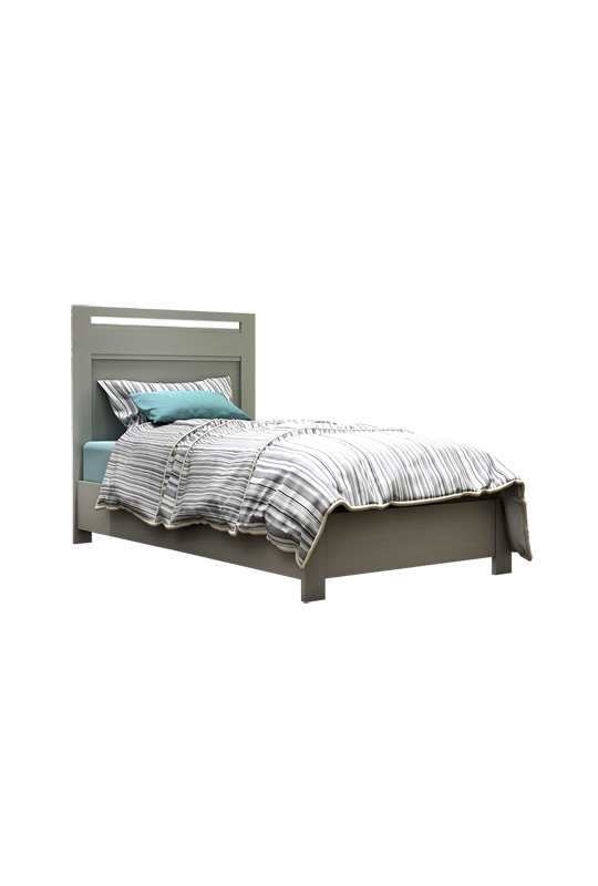 Grey sleek twin bed with striped duvet cover and blue sheets