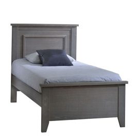 rustic grey wooden twin bed with blue sheets