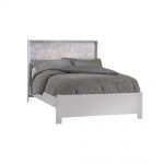 White double bed with white bark headboard with grey duvet covers