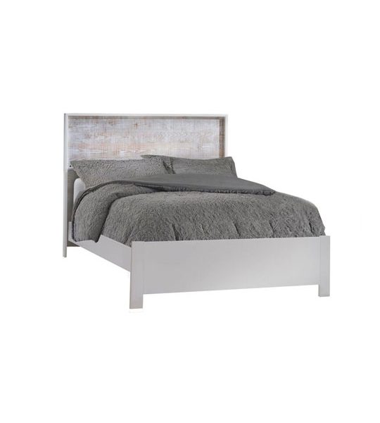 White double bed with white bark headboard with grey duvet covers