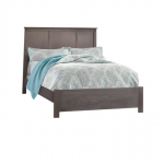 Dark Brown wood double bed with white, grey and blue sheets