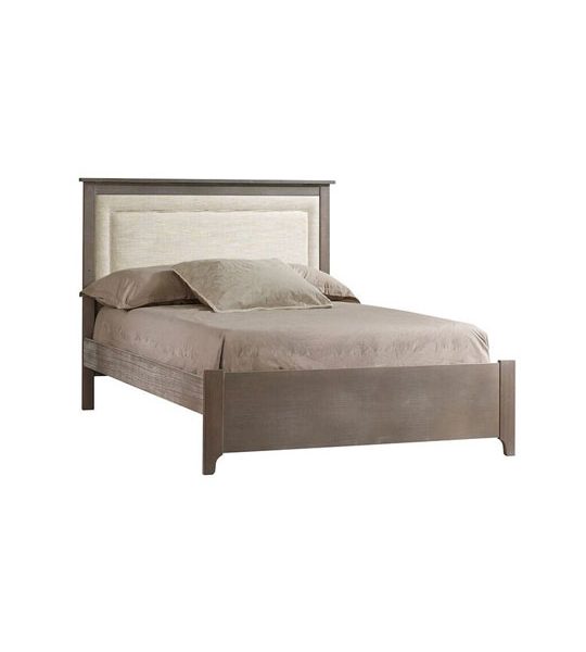 Emerson dark wood double bed with white linen upholstered panel