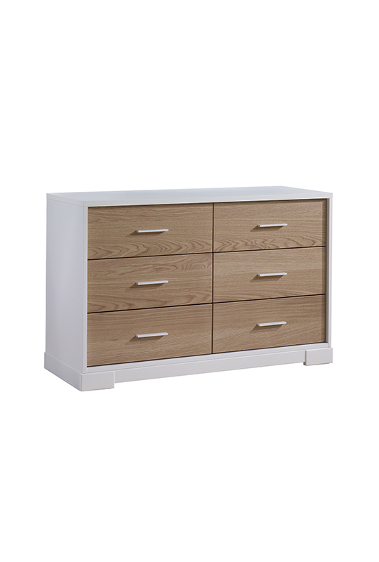Vibe White double dresser with 6 drawers of natural oak wood facades