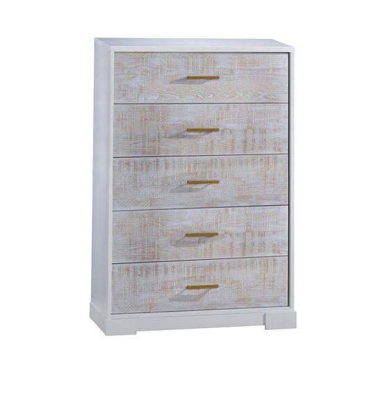 Vibe white 5 drawer dresser with white bark drawer facades and antique brass handles