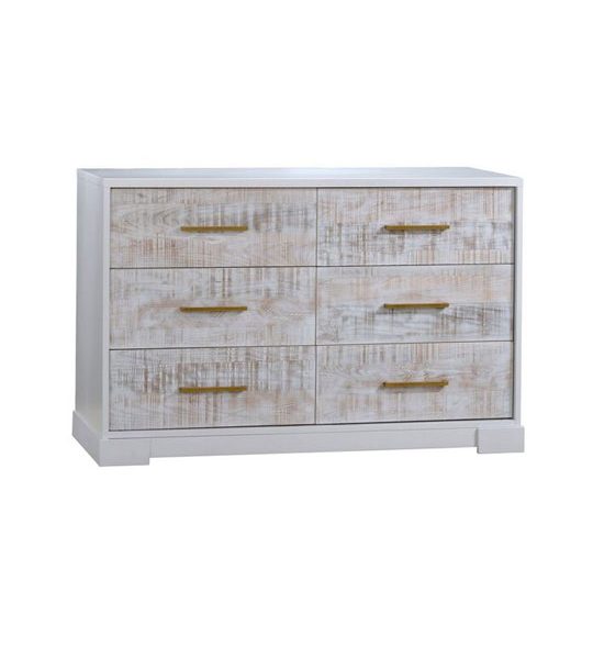 White double dresser with white bark drawer facades with antique brass handles