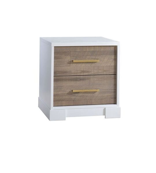 Vibe white wooden nightstand with wooden drawer facades and antique brass handles